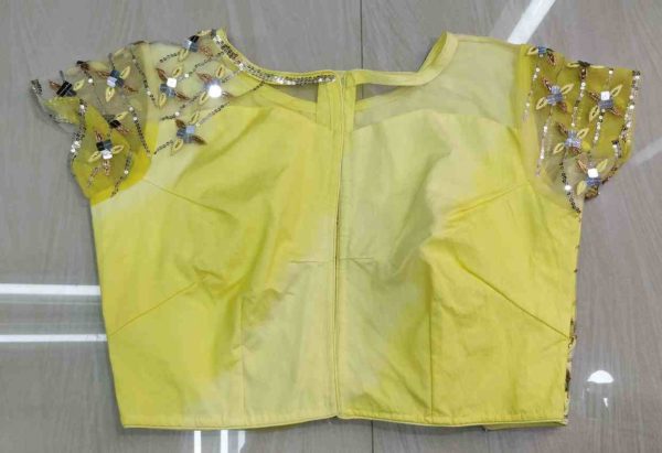 Yellow & Grey Silky Organza Saree & Blouse - Image 3