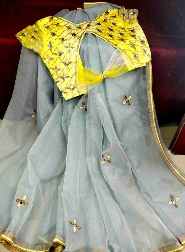 Yellow & Grey Silky Organza Saree & Blouse