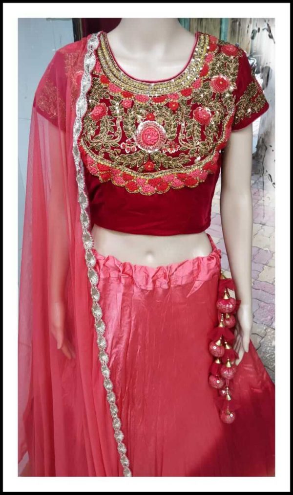 Maroon Red Satin Velvet Lehenga - Image 2