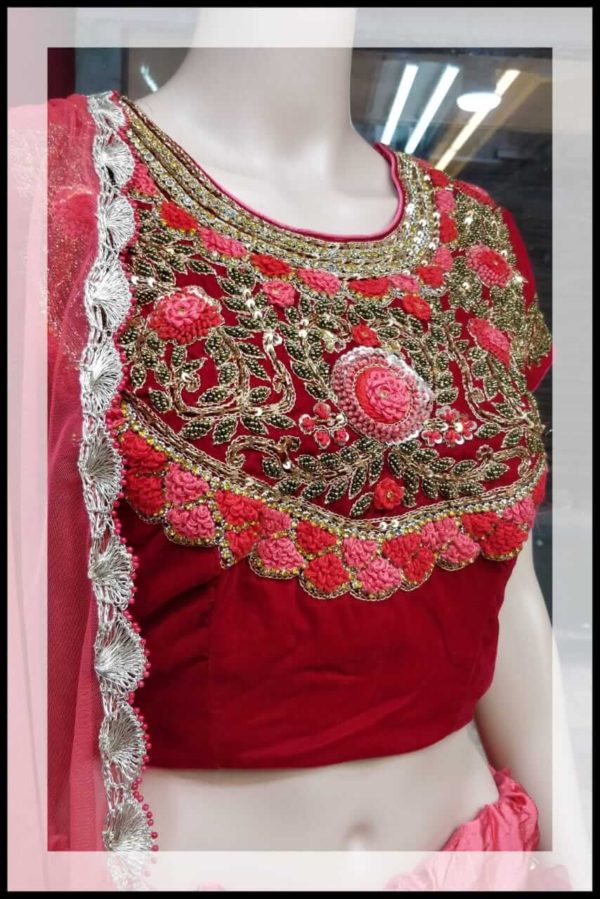 Maroon Red Satin Velvet Lehenga - Image 3