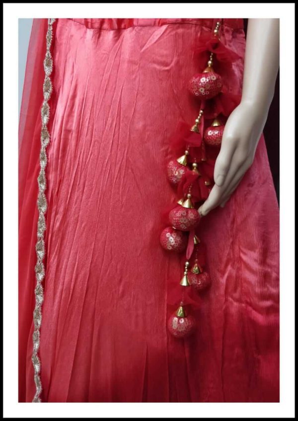 Maroon Red Satin Velvet Lehenga - Image 4