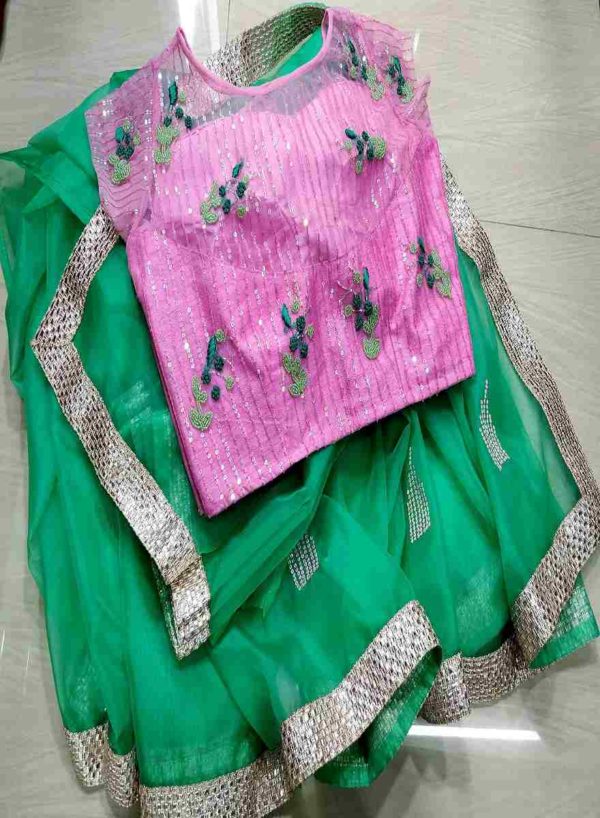 Aqua Green Saree With Netted knot work Blouse