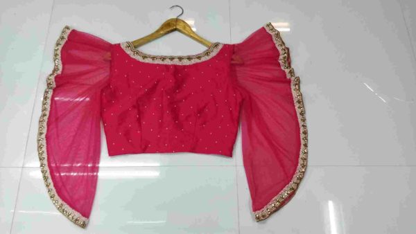 Pink Boatneck Umbrella Sleeves Embroidery Blouse - Image 2