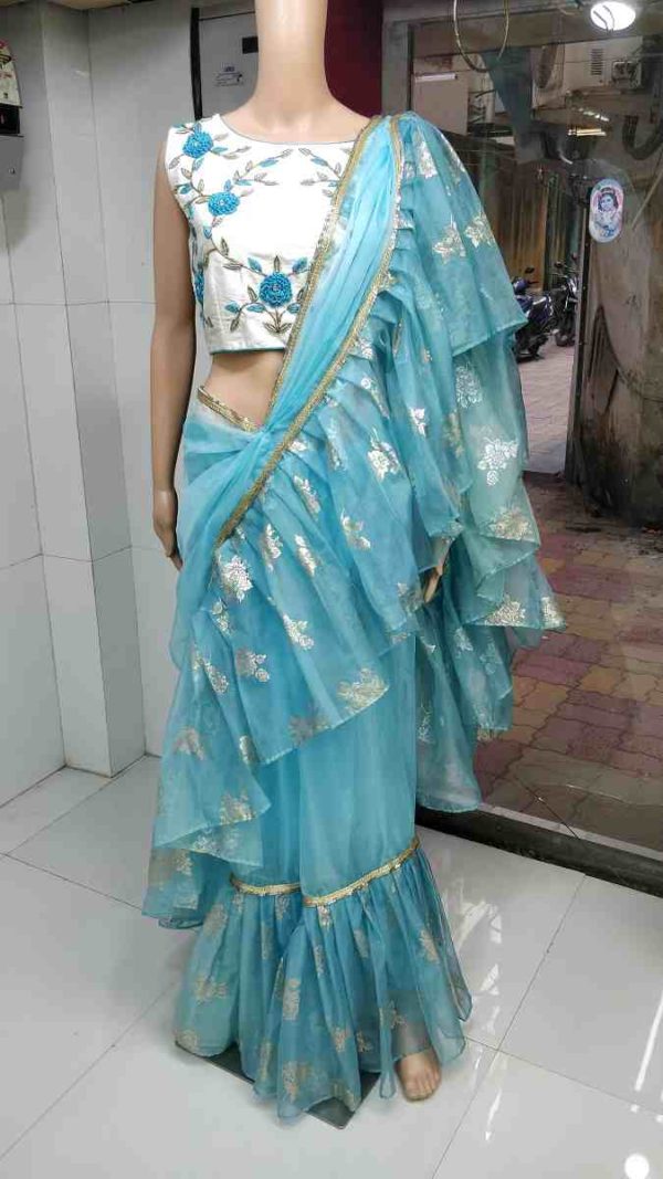 Sky Hued Organza Designer Saree with Blouse - Image 4