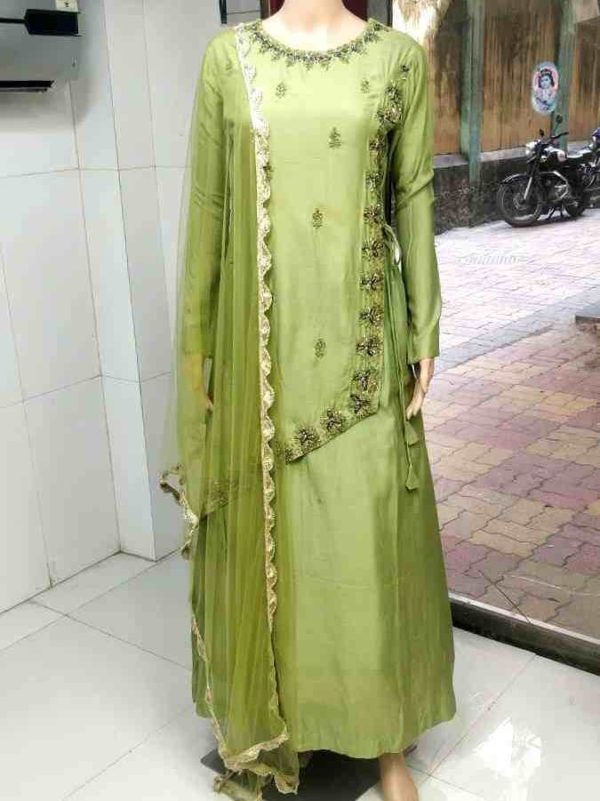 Mehendi Green Muslin Silk Maxi Dress with Dupatta - Image 2