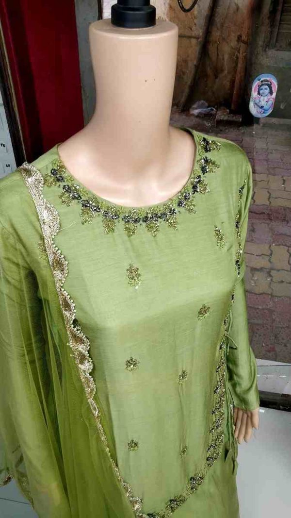 Mehendi Green Muslin Silk Maxi Dress with Dupatta - Image 4