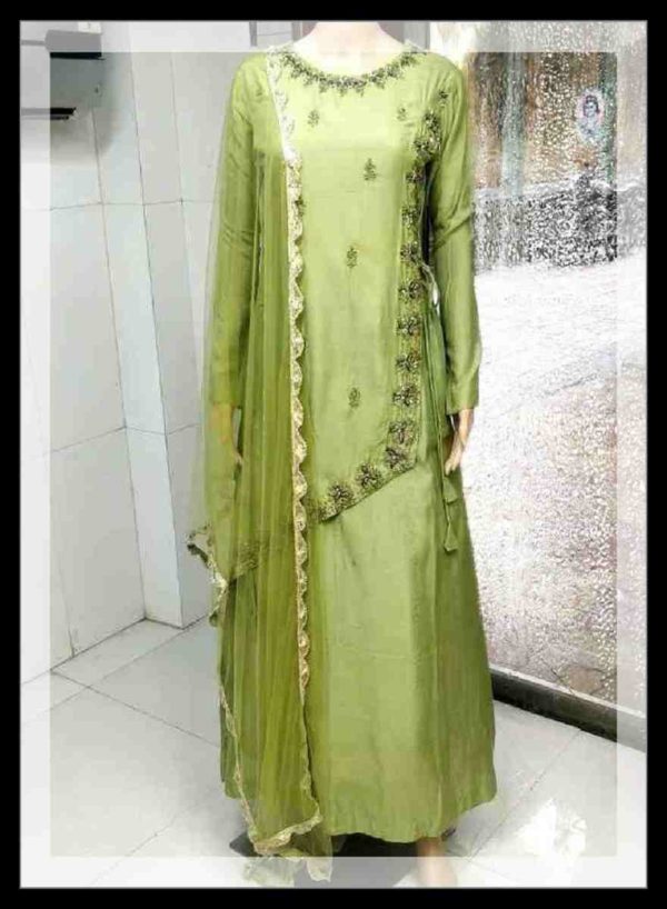 Mehendi Green Muslin Silk Maxi Dress with Dupatta