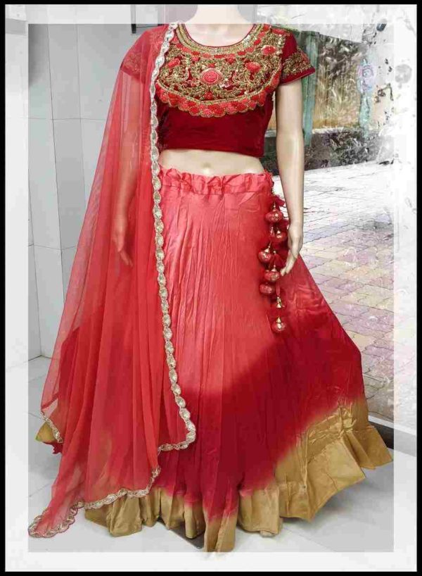 Maroon Red Satin Velvet Lehenga