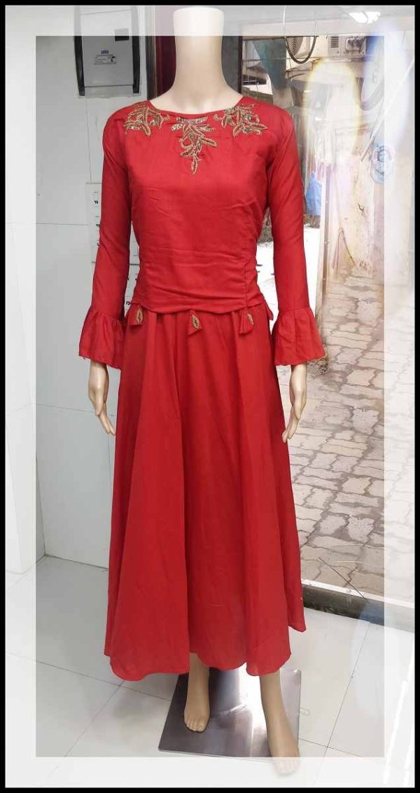 Red Embroidered Anarkali Muslin Silk Dress - Image 2