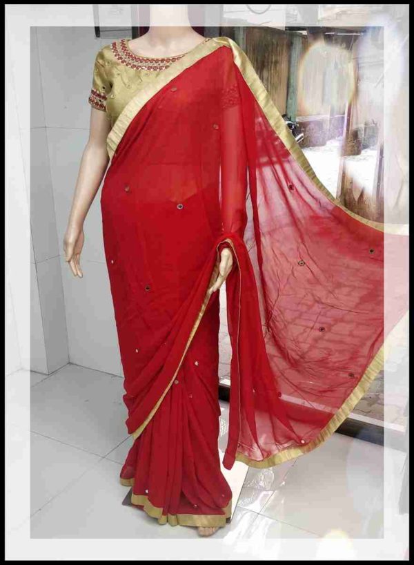 Red Georgette Saree With Golden Border