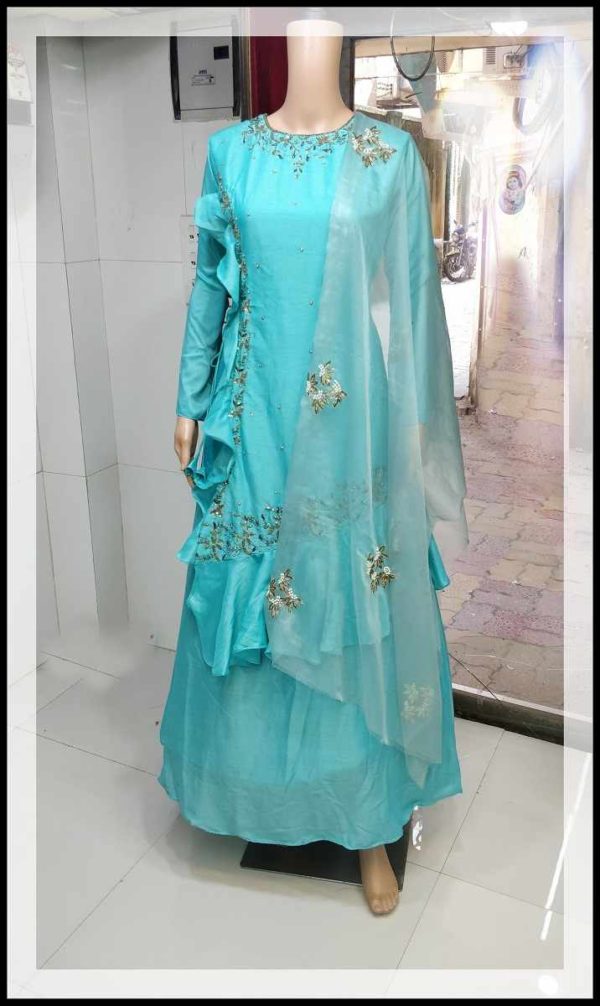 Aqua Blue Muslin Silk Designer Dress - Image 4