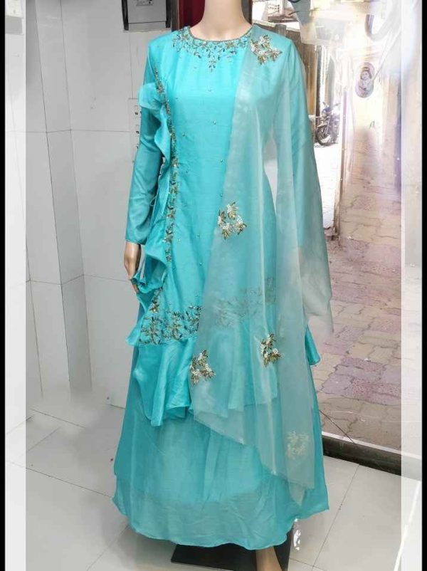 Aqua Blue Muslin Silk Designer Dress