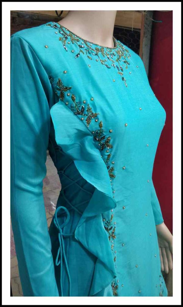 Aqua Blue Muslin Silk Designer Dress - Image 3