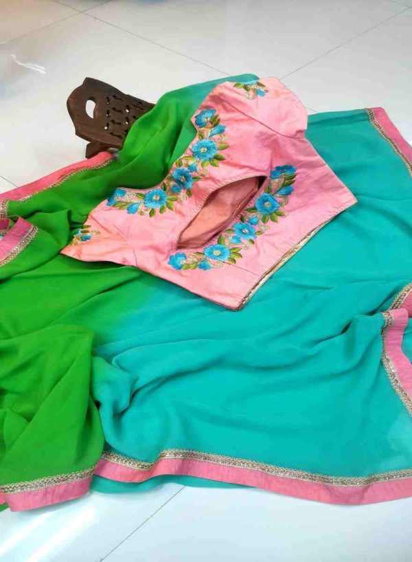 Seagreen Sheded Georgette saree and peach hand embordered blouse