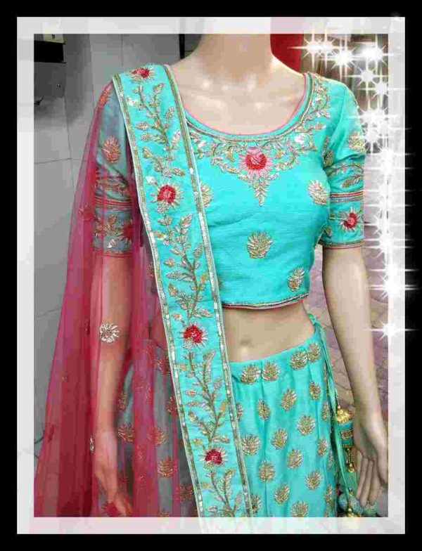 Mint Green and Pink Sangeet Lehenga - Image 2