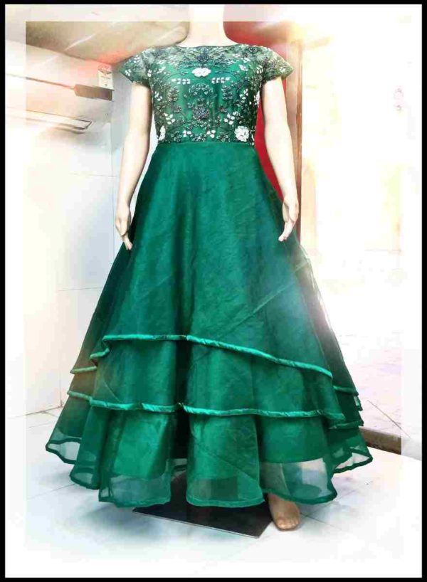 Bottle Green Layered Gown with Beads & Cutdana Work