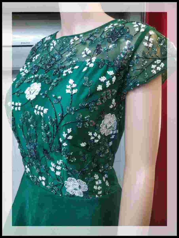 Bottle Green Layered Gown with Beads & Cutdana Work - Image 2