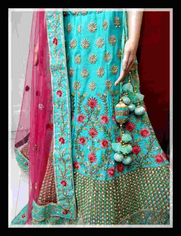 Mint Green and Pink Sangeet Lehenga - Image 3