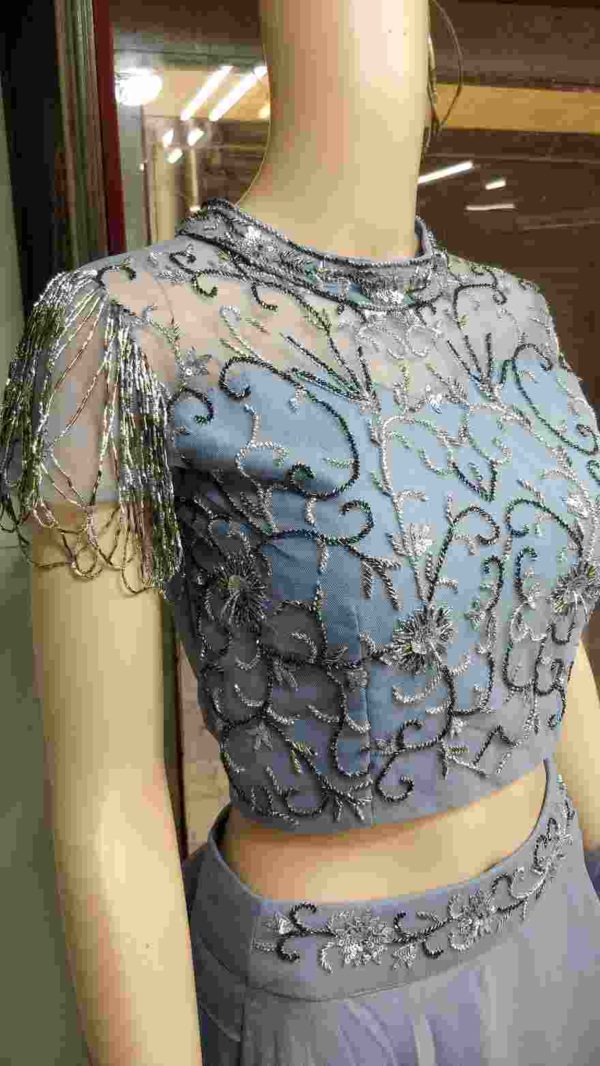 Grey color 2 layered dress with hand work - Image 3