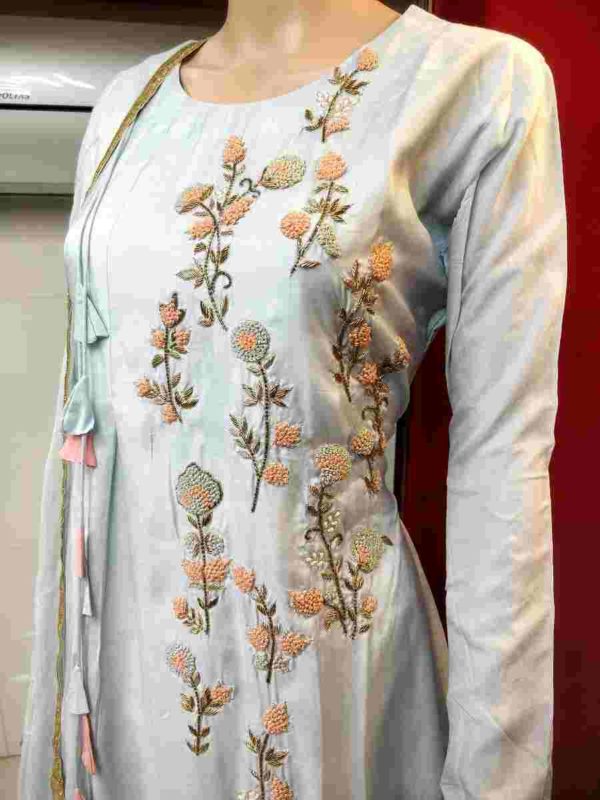 Powder Blue Long Dress with Hand work and Dupatta - Image 3