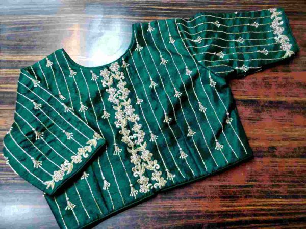 Green Pure Raw Silk Zardosi Handwork Blouse - Image 2