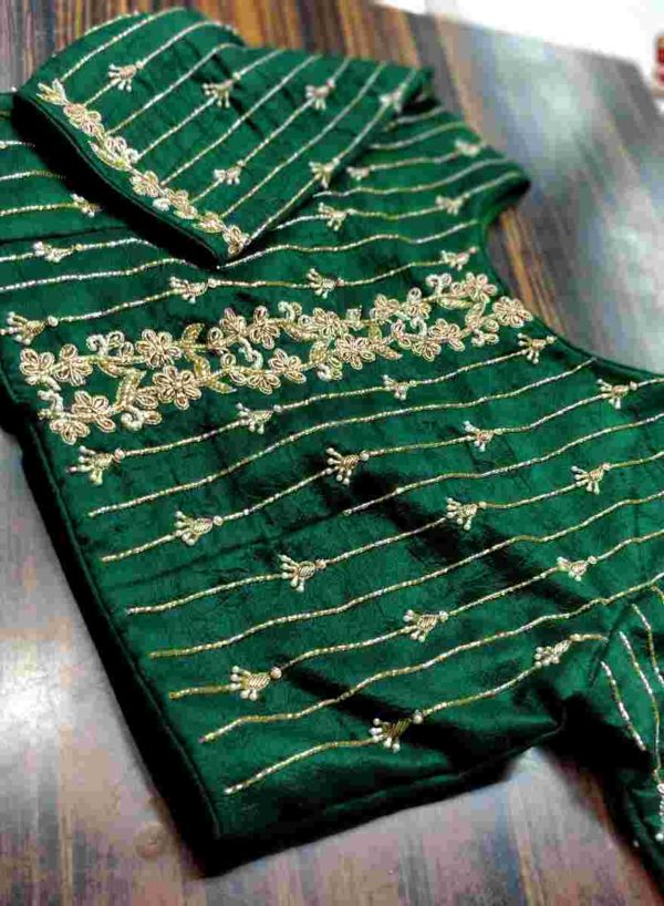 Green Pure Raw Silk Zardosi Handwork Blouse