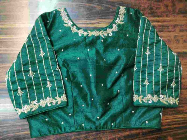 Green Pure Raw Silk Zardosi Handwork Blouse - Image 3