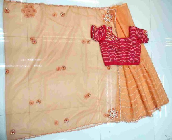 Peach pearl and sequins embroidered saree and hot pink blouse - Image 3