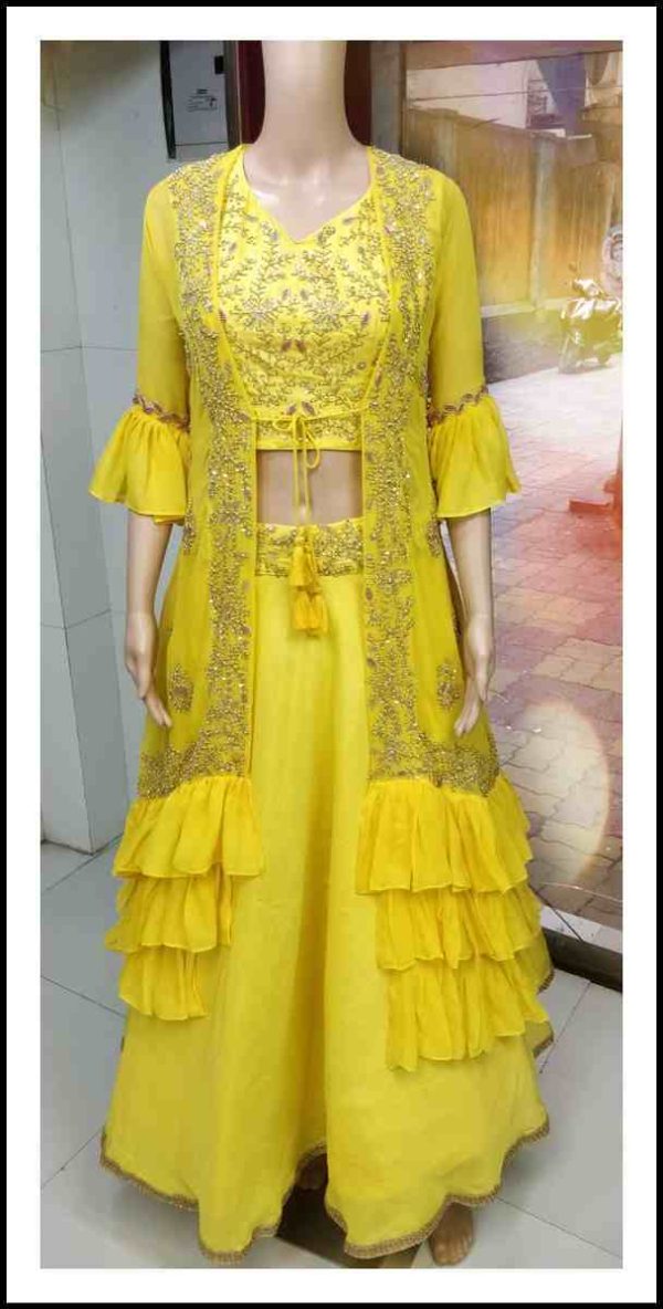 Yellow Dress with Hand Work Jacket - Image 2