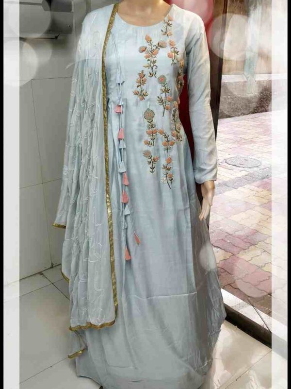 Powder Blue Long Dress with Hand work and Dupatta - Image 2