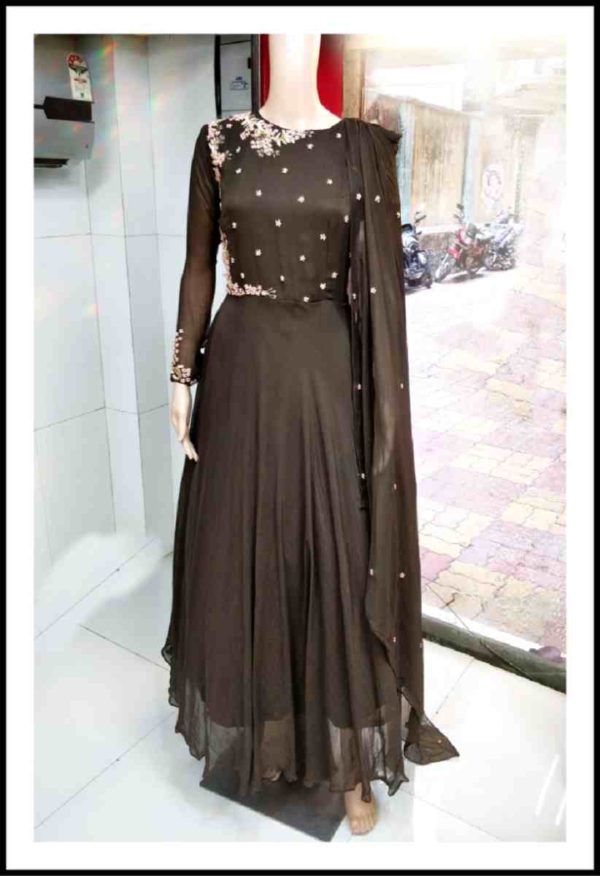 Coffee Brown Georgette Drape Gown with Hand Work