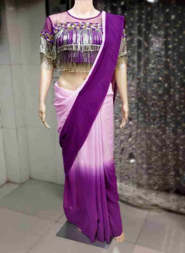 Pure Georgette magenta Saree and fringes blouse