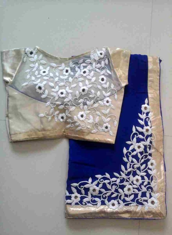 Pure Georgette Indigo blue corner butta saree - Image 3