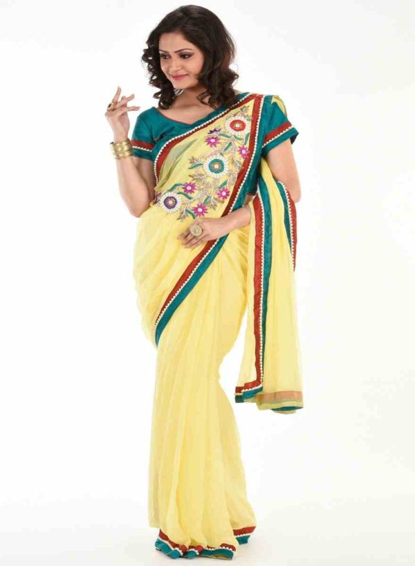 Pure Chiffon Yellow Pleated pallu saree with BP