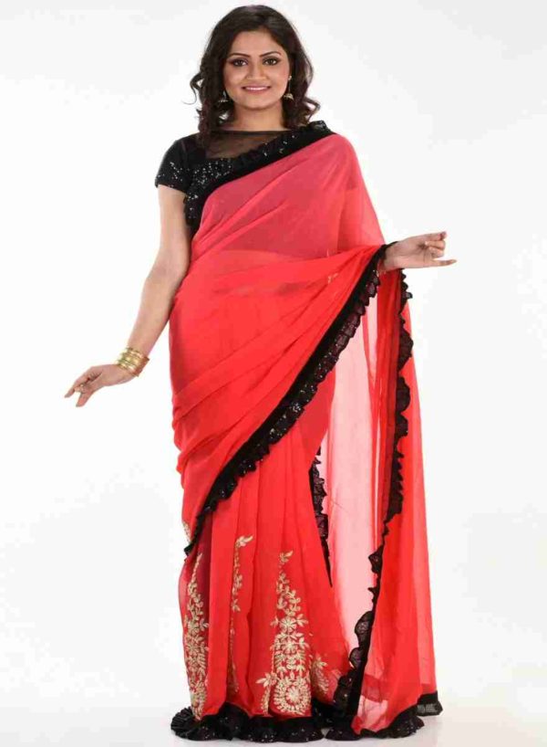 Pure Georgette Red and Black Frill Saree and Blouse