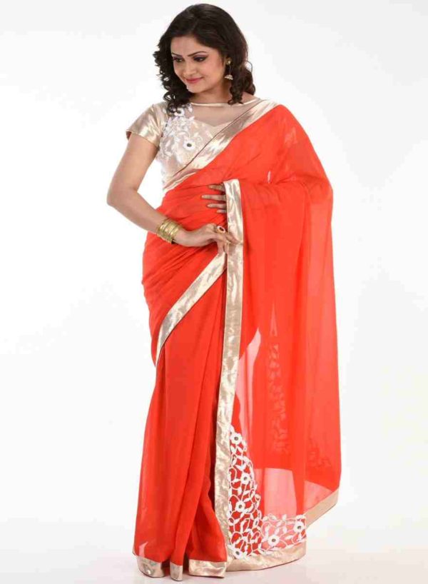 Pure Georgette Rich Red Corner Butta Saree with Blouse - Image 2