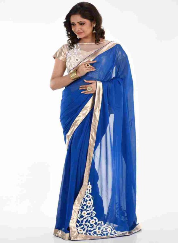 Pure Georgette Indigo blue corner butta saree - Image 2