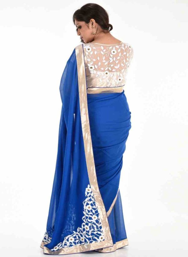 Pure Georgette Indigo blue corner butta saree