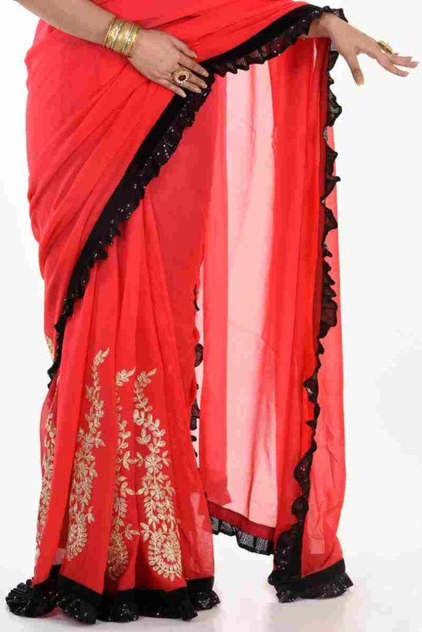 Pure Georgette Red and Black Frill Saree and Blouse - Image 3