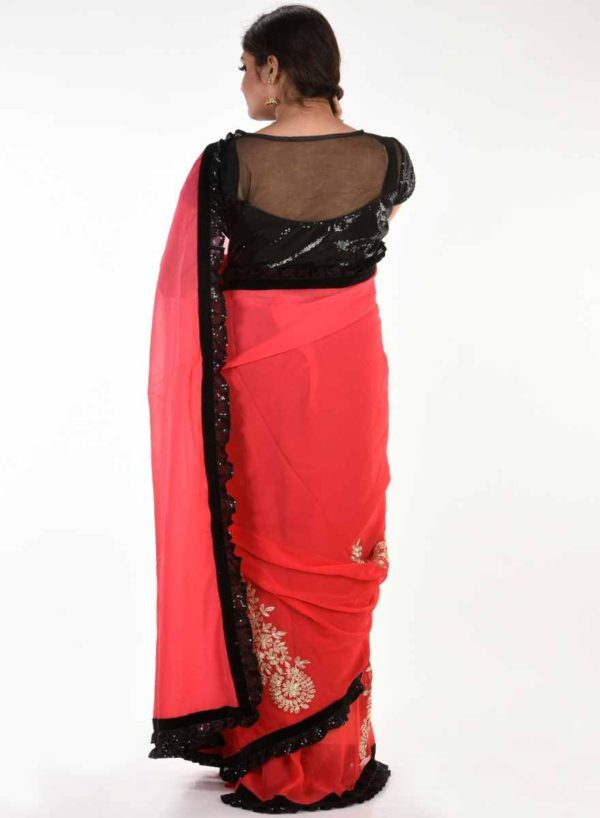 Pure Georgette Red and Black Frill Saree and Blouse - Image 2