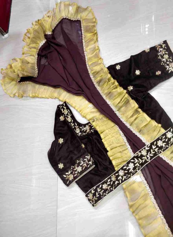 Pure Georgette Chocolate Color Freel Saree & Zardosi Handwork Blouse