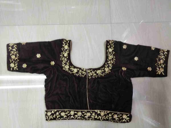 Pure Georgette Chocolate Color Freel Saree & Zardosi Handwork Blouse - Image 2