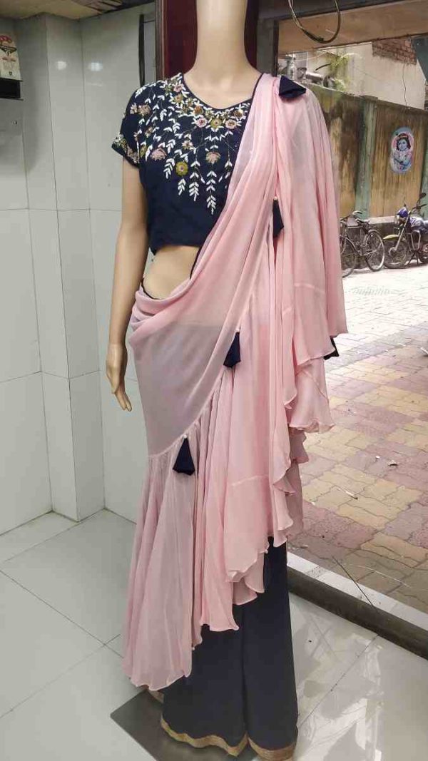 Ruffled saree with sequins embellished raw silk handwork blouse. - Image 3