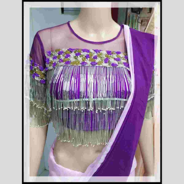 Pure Georgette magenta Saree and fringes blouse - Image 2