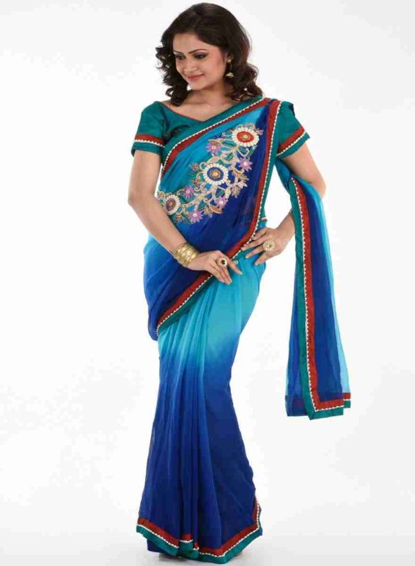 Pure Chiffon Blue Pleated Pallu Saree with Blouse