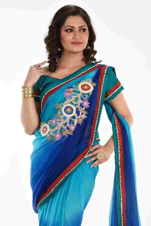 Pure Chiffon Blue Pleated Pallu Saree with Blouse - Image 3