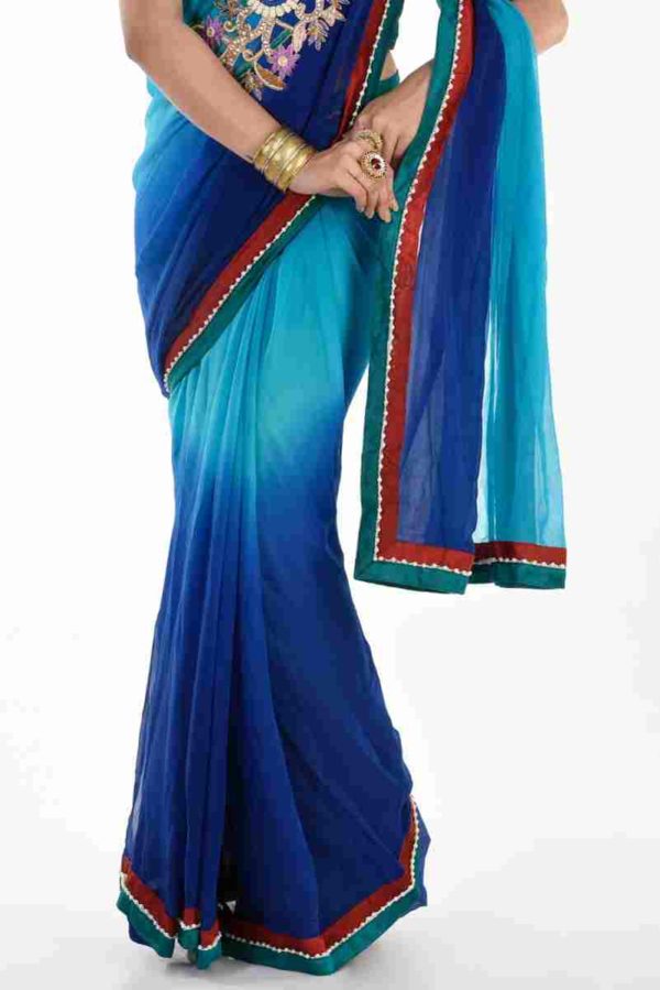 Pure Chiffon Blue Pleated Pallu Saree with Blouse - Image 2