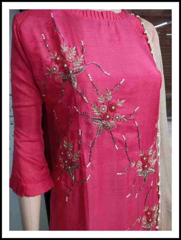 Red Raw Silk Kurti with Dupatta - Image 2