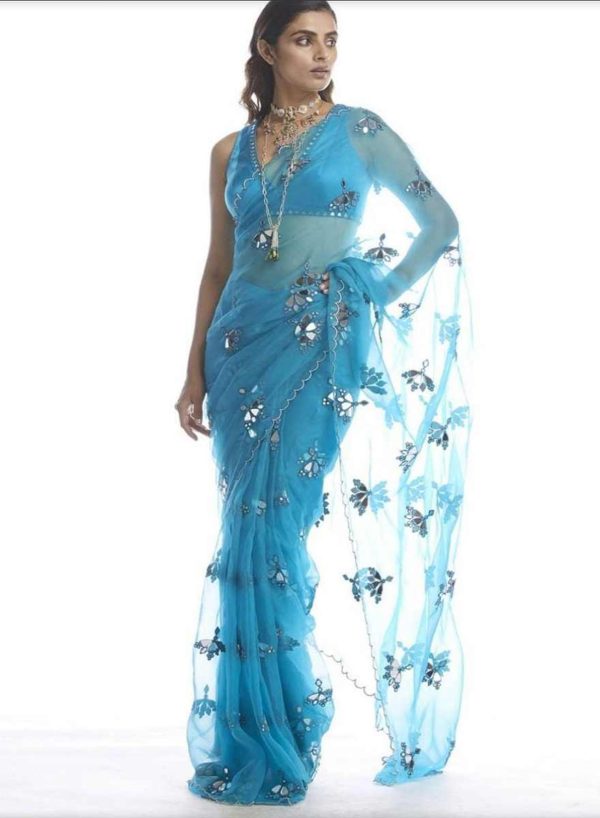 Turquoise Blue Saree Mirror Work with Blouse