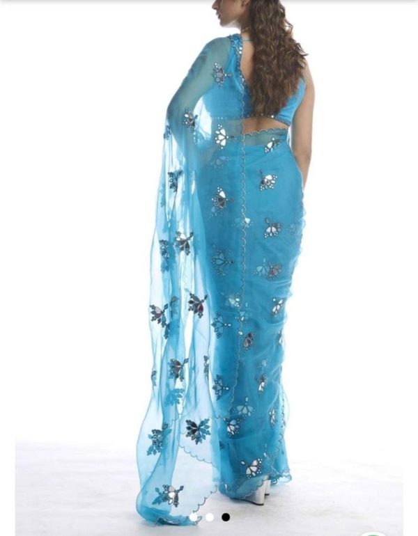 Turquoise Blue Saree Mirror Work with Blouse - Image 2